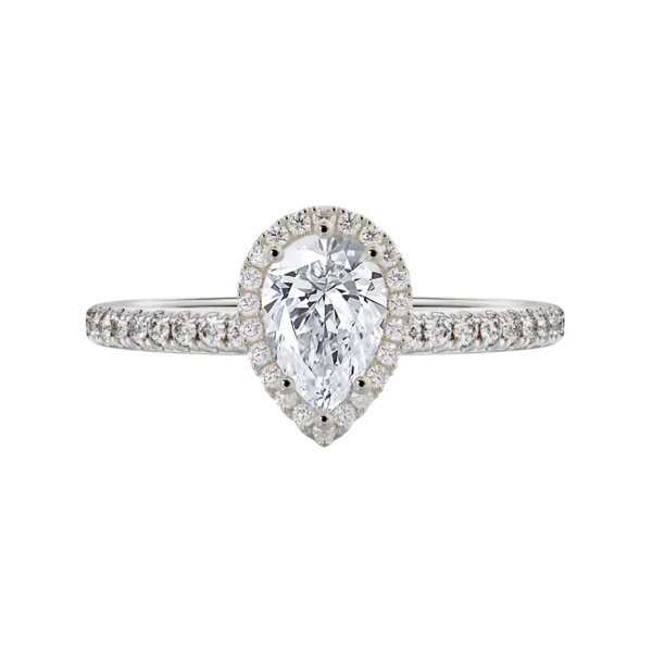 Diamond Classic collection center stone surrounded by diamonds and side band seamless Pear