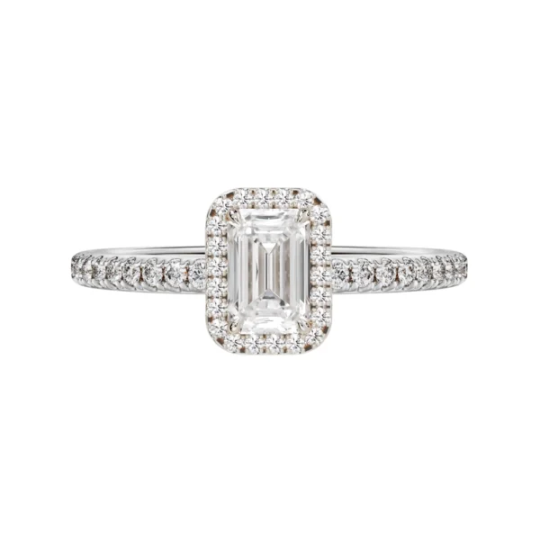 Diamond Classic collection center stone surrounded by diamonds and side band Seamless Emerald