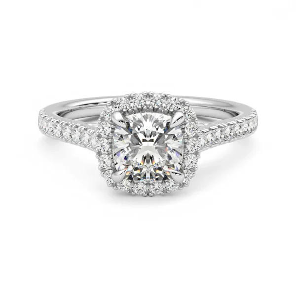 Diamond Classic collection center stone surrounded by diamonds and side band Seamless Cushion